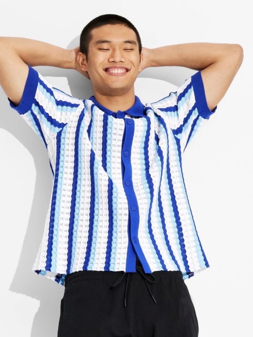 Original Use Blue and White Vertical Striped Knit Polo